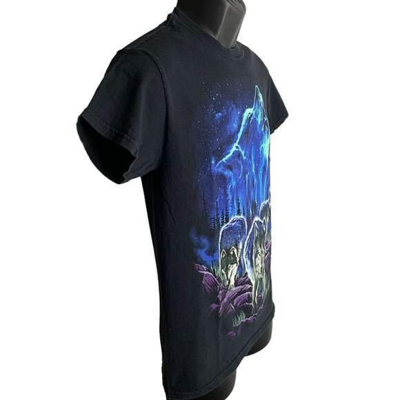 Howling Wolf Northern Lights T Shirt S Black Graphic Crewneck Short Sleeves - Picture 6 of 7